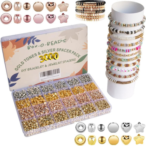 Spacer Beads Kit for Bracelet Making, 3000 Assorted Round Hearts and Stars Gold Tones and Silver Beads for Bracelet Jewelry Making Set for Teen Gi...