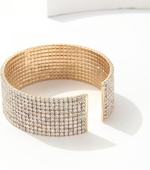 Sparkly Silver/Gold Simple Multi-layer Rhinestone Cluster Wide Cuff Bangle Wedding Jewelry for Women Bridal Statement Bracelet...