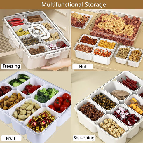 Divided Serving Tray with Lid and Handle Snackle Box Charcuterie Container for Portable Snack Platters Organizer Fruit Divider with 8 Compartments...