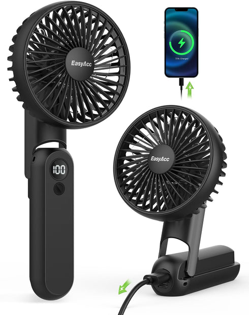 EasyAcc Portable Hand Held Fan, Ultra Quiet 5 Speed Personal Fan, LED Dispay USB C Rechargeable Handheld Fan, 180° Foldable Small Desk Fan, Electr...
