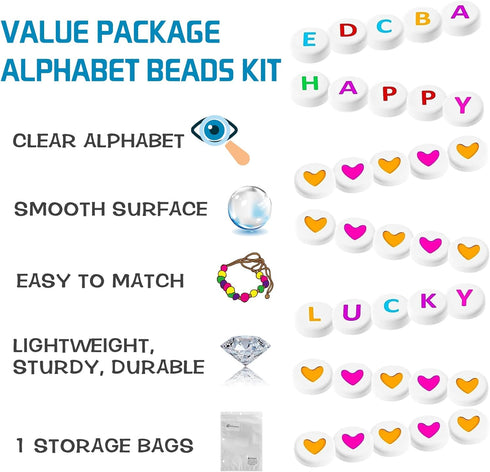 EuTengHao 1000 Pieces Letter Beads Kit 28 Styles Alphabet Beads Heart Beads for Bracelets Necklace Friendship Bracelet Making Kit (White Beads Col...