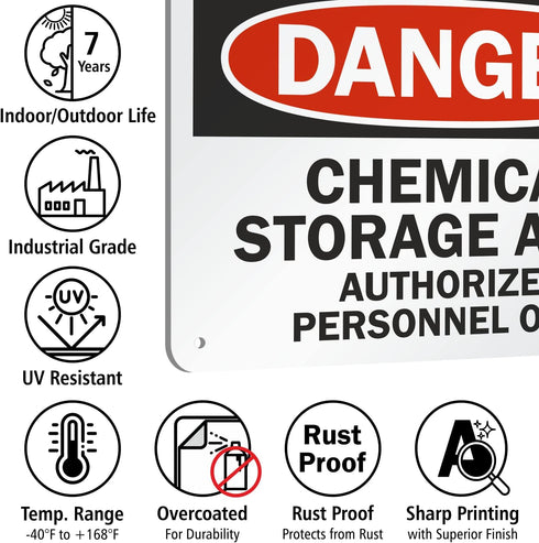 SmartSign - U9-1214-NA_7x10 "Danger - Chemical Storage Area, Authorized Personnel Only" Sign | 7" x 10" Aluminum Black/Red on White...