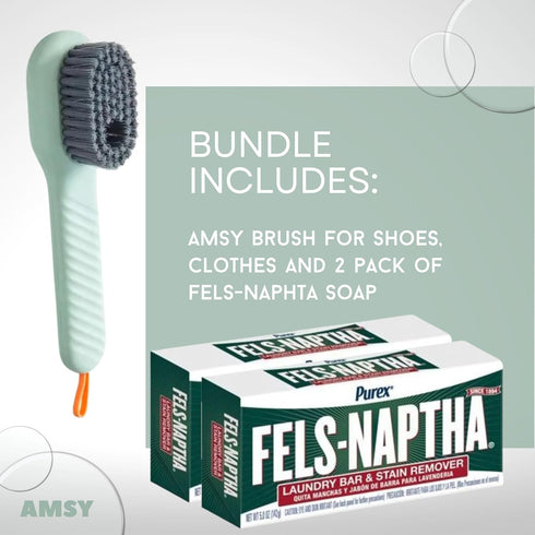 Stain Remover Laundry Bundle - Amsy Multifunctional Stain Remover Brush with Soap Dispenser Bundled with 2 Pack of Fels Naphta Laundry Soap 5 oz E...