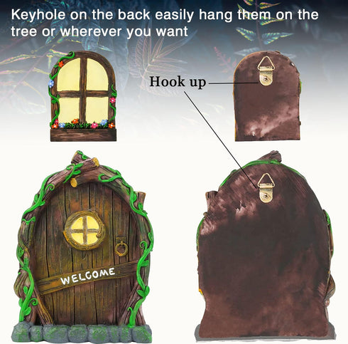 Resin Fairy Door & Window Set with Glow in The Dark Windows, Miniature Sculpture for Trees, Outdoor Decor Accessories...