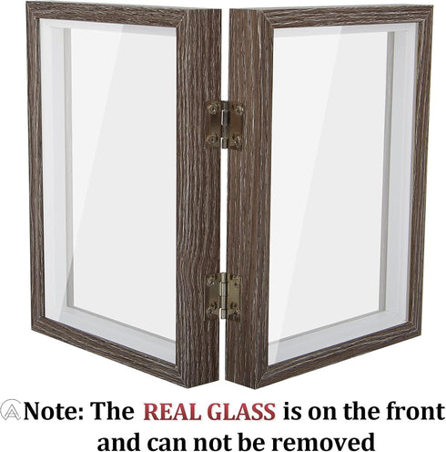 AEVETE 5x7 Double Picture Frames Hinged Wood Folding Picture Frames Vertically Display, Real Glass Front, Gray...