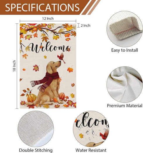 Welcome Fall Garden Flag 12 x 18 Inch Double Sided Burlap, Golden Retriever Dog Cardinal Yard Flags for Seasonal Thanksgiving Farmhouse Decoration...