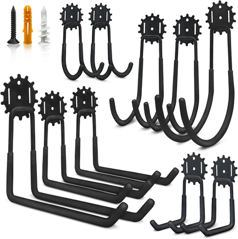 Garage Hooks 10 Pack, Heavy Duty Steel Tool Wall Storage Gear Hooks with Anti-Slip Coating, Wall Mount Holder for Bike, Ladder and Garden Tools (M...