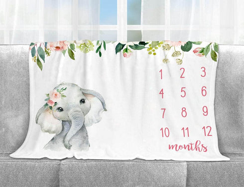 Floral Elephant Baby Monthly Milestone Blanket, Jungle Elephant Girl's Soft Fleece Monthly Milestone Blanket , Girl Elephant Nursery Infant Newbor...