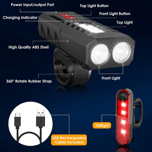 USB Rechargeable Bike Lights Set, 6 Modes Bicycle Front Headlight and Back Taillight, 3000LM Water Resistant Bicycle Lights Front and Rear for Nig...