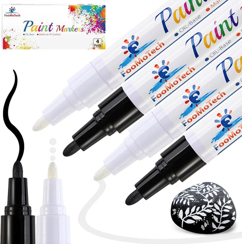 Paint Pen Paint Markers - Permanent Acrylic Markers 4 Pack White & Black, Oil Based, Medium Tip, Quick Dry, Wateproof Paint Markers for Rock, Fabr...