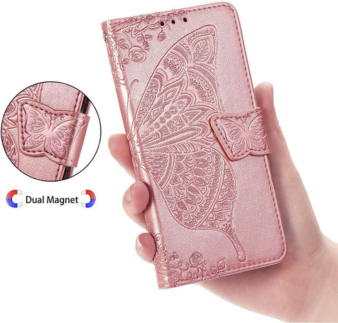 for iPhone 12 Pro/iPhone 12 Wallet Case,Women Flip Folio Cover with Butterfly Embossed PU Leather Kickstand Credit Card Holder Slots Wrist Strap f...