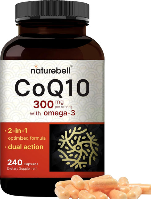 CoQ10 (Ubiquinone) 300mg with Omega 3 Fatty Acids, 240 Capsules | Stable High Absorption Form – Antioxidant Support for Heart & Energy Health – Ex...