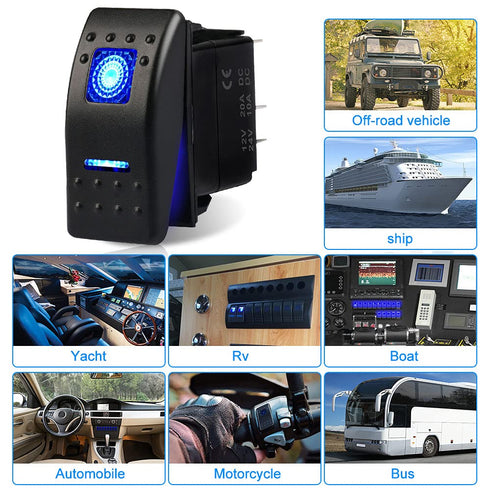 Waterproof Marine Boat Rocker Switch Toggle 12V 24V, 5 Pin SPST ON-Off Switch 12V/20A 24V/10A Blue LED Light, with Jumper Wires Set for Car Marine...