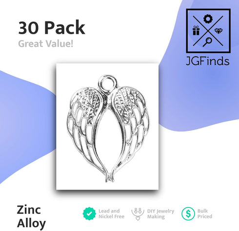 JGFinds Angel Wings Charms - 30 Pack Silver Tone for DIY Jewelry Making Supplies, Small 7/8 Inch Metal Wings for Bracelet, Necklace, Earrings or A...