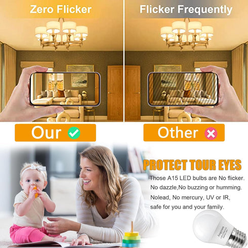 Low wattage Light Bulbs 1.5W LED Bulb Equivalent 15W20W Light Bulbs, 120v A15 LED Bulb Warm White 2700K Energy Saving Home Light Bulb E26 Base Cei...