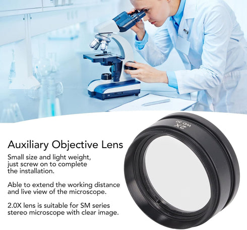 2X Auxiliary Objective Lens Aluminium Alloy WD30 2X Barlow Lens Microscope Part Accessory for Stereo Microscope WD30...