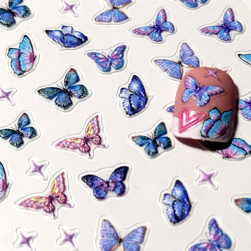 Butterfly Nail Art Stickers 5D Self-Adhesive Spring Nail Stickers for Nail Art Blue Pink Butterfly Nail Deals 3D Embossed Nail Design Nail Art Sup...