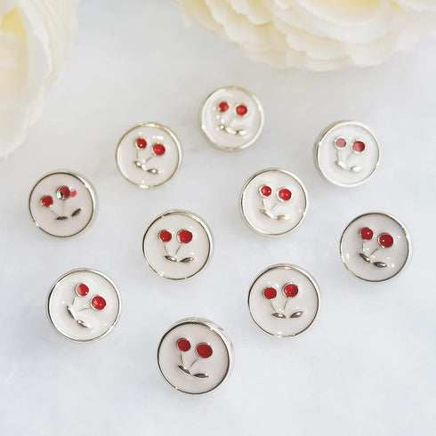 10 Pieces Resin Buttons Silvery Round Shape Enamel White Crystal Button Embed Red Cherry Pattern for Jewelry Making Wedding Bouquet Decorations (1...