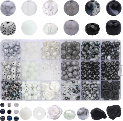 1018pcs Beads for Jewelry Making 8mm Glass Beads Black White Color Round Loose Spacer Beads for DIY Craft Bracelet Necklace Earring...
