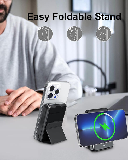 10000mAh 15W Magnetic Wireless Portable Charger, Foldable Mag-Safe Battery Pack with USB-C Cable LED Display, 22.5W PD Fast Charging Power Bank fo...