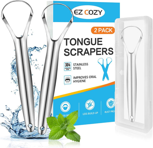2 Pack Metal Tongue Scraper for Adults, Stainless Steel Tongue Cleaner with Travel Case, Reusable Tongue Scraper for Oral Care...
