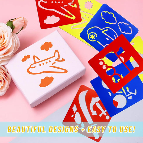 24 Pieces Stencils for Kids 5.9 x 5.5 Inches Drawing Stencils Chalk Stencils Large Washable Vehicles Themed Primary Shape Template for Kids Toddle...
