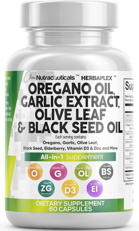 Oregano Oil 6000mg Garlic Extract 4000mg Olive Leaf 3000mg Black Seed Oil 3000mg - Immune Support & Digestive Health Supplement for Women and Men ...