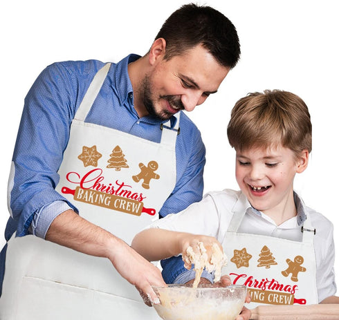 2 Pack Christmas Matching Aprons for Kids and Adults - Christmas Baking Crew - White Kitchen Aprons with 2 Pockets for Cooking Baking, Cute Custom...