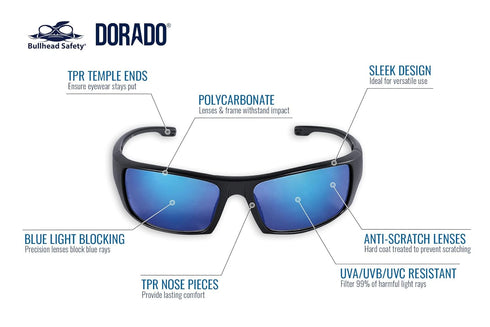 Bullhead Safety Dorado Safety Glasses with Dual Lenses, ANSI Z87+, Blue Light Glasses with UV Light Protection and Anti-Scratch Coating, Blue Revo...