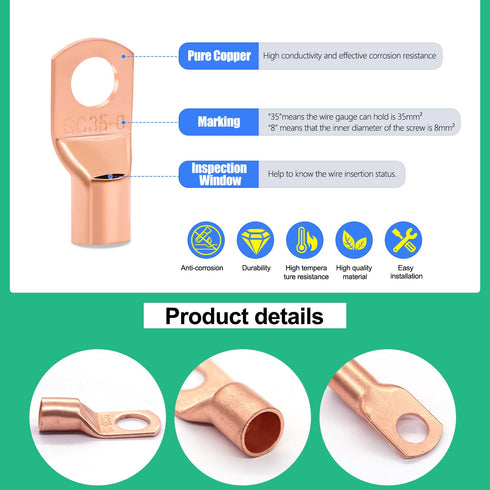 Twidec/110PCS Battery Cable Ends AWG 2 4 6 8 10 12 14 16 Gauge Copper Cable Wire Lugs,Ring Terminals Connectors,Copper Ring Terminals with Heat Sh...