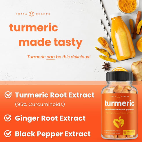 Turmeric Gummies for Adults & Kids with Ginger & Black Pepper Extract | 95% Curcuminoids | Vegan Natural Curcumin Joint Support | 120 Tumeric Gumm...