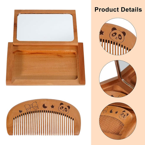 Wooden Comb Mirror Set,Folding Mirror and Comb Set,Wooden Pocket Mirror with Hair Brush,Makeup Mirror for Women Grils,Text...