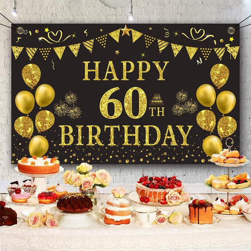 Trgowaul 60th Birthday Backdrop Gold and Black 5.9 X 3.6 Fts Happy Birthday Party Decorations Banner for Women Men Photography Supplies Background...