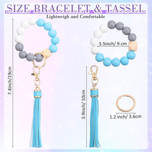 Misdary 8 Pcs Key Ring Bracelet with PU Leather Tassel Wood Bead Key Ring Cute Keychain Wristlet Elastic Beaded Bangle Chains Portable Car Keyring...