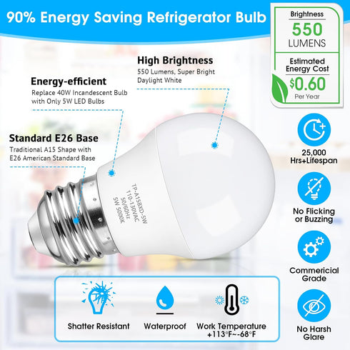 LED Refrigerator Light Bulb, 40 Watt Equivalent A15 Fridge Bulb Waterproof, Daylight White 5000K, 550LM E26 Base, 5W Appliance Bulb, 8-Pack...