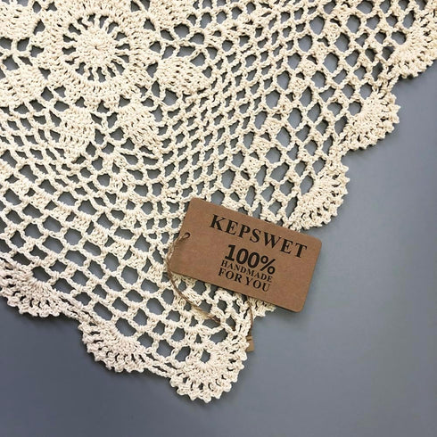 KEPSWET Sunflower Cotton Handmade Crochet Lace Rectangle Table Runner Coffee Table Decor (14x60 inch, Beige)...