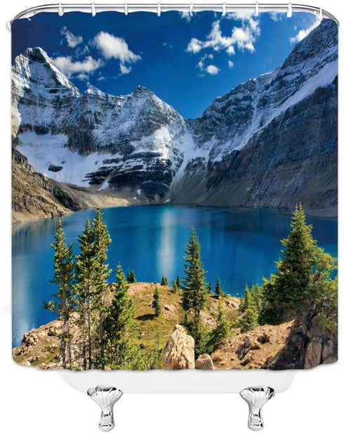 Mountain Shower Curtain Nature Landscape Mountain Lake Blue Sky White Cloud Scenic Print Simple Home Fabric Bath Curtain Bathroom Decor Set Includ...