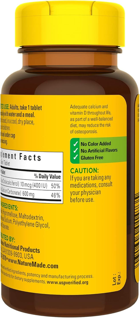 Nature Made Calcium 600 mg with Vitamin D3, Dietary Supplement for Bone Support, 60 Tablets...