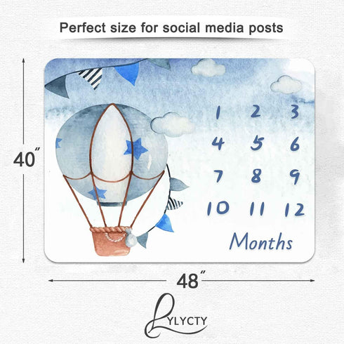 Blue Baby Monthly Milestone Blanket, Cartoon Hot Air Balloon Star Newborn Photo Baby Memory Blanket Nursery Baby Swaddle Blanket, 48x40 Inches BTX...