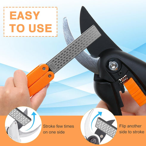 3PCS Garden Tool Sharpener, 2PCS Double-Sided Diamond Knife Sharpener/ 1PCS Retractable Diamond Sharpening Rod, Blade Sharpener Stone Pocket Knife...