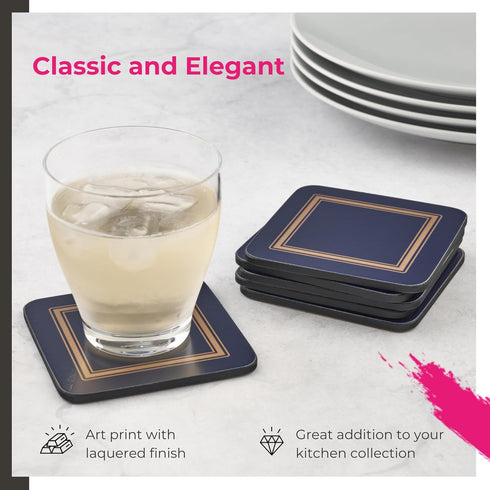 Pimpernel Classic Midnight Blue Coasters - Set of 6, Heat & Stain Resistant Square Coasters with Durable Cork Backing - 4 Inch Drinkware Pads for ...