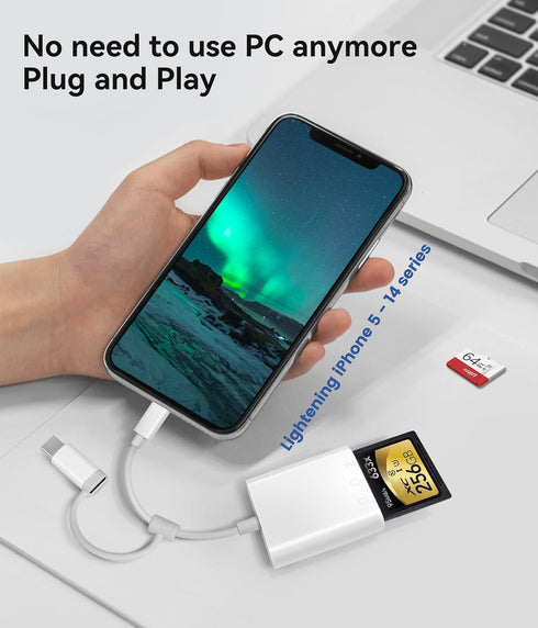 SD Card Reader for iPhone iPad, Oyuiasle Trail Game Camera SD Card Viewer with Dual Slot for MicroSD/SD, Lightening&USBC Dual-Connector Memory Car...