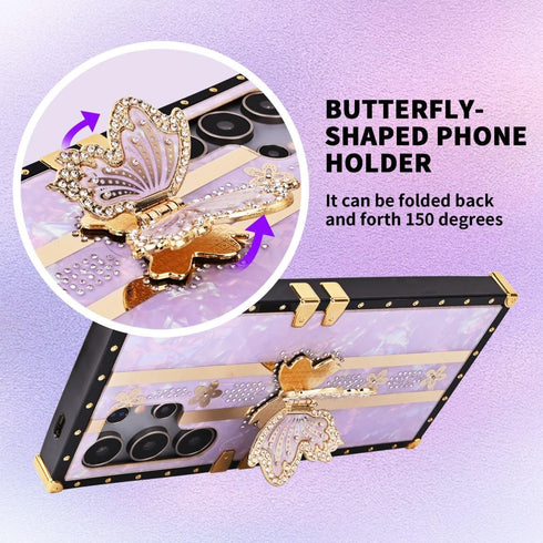 Compatible with Samsung Galaxy S22 Ultra Phone Case Butterfly Design,Cute Bling Rhinestones Sparkle Kickstand Case for Women Girls,Rectangle Desig...