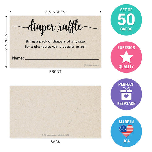 321Done Diaper Raffle Tickets, Made in USA - 3.5x2 Kraft Tan, With Name Line, Baby Shower Game, Enter to Win Drawing, Prize, Small - Pack of 50...