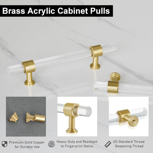 QOGRISUN 2-Pack Acrylic Cabinet Pulls with Brass Base, Gold Modern Drawer Handles, 4-inch Hole Center for Kitchen, Dresser Drawer Clear Glass Crys...