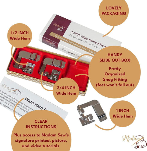 Madam Sew Rolled Hem Presser Foot Set – 3 Piece Wide Hemmer Foot Kit Includes 1/2”, 3/4" and 1” Presser Feet – Compatible with Most Models of Sing...