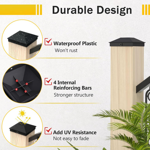 4x4 Post Caps Black(Actual 3.5" x 3.5"), 8 Pack Fence Post Caps with 16 Screws and Easy Installation, Sturdy Waterproof Plastic Deck Post Caps wit...