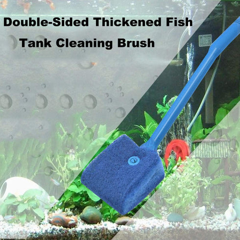 Double-Sided Fish Tank Aquarium Cleaning Sponge Brush with Non-Slip Handle Blue...