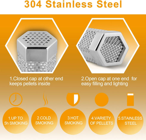 Hexagon Pellet Smoker Tube,12 inch Stainless Steel BBQ Wood Pellet Tube Smoker for Cold/Hot Smoking,5 Hours of Billowing Smoke-for Any Grill or Sm...