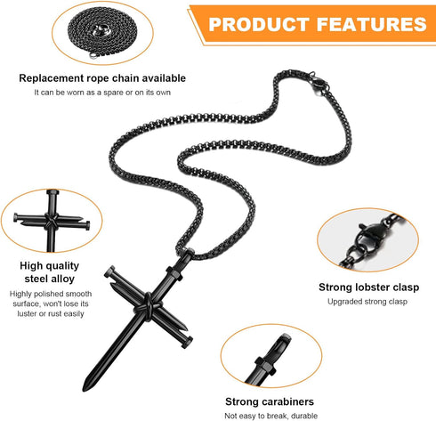 2PCS Nail Cross Pendant for Men, Hanging Cross Car Rearview Mirror Hanging Chain with 3 Nail, Stainless Steel Religious Cross Decoration(Black)...